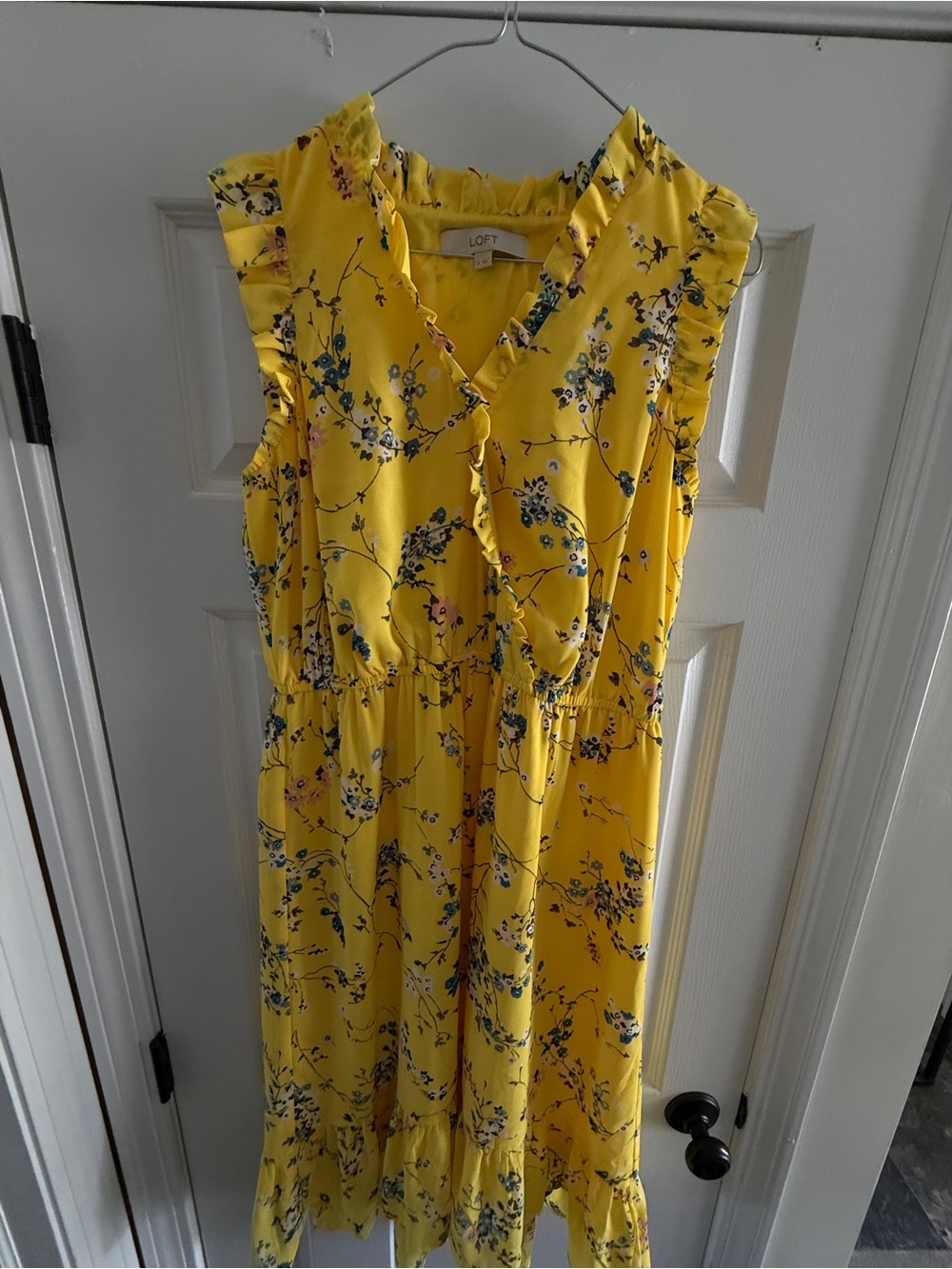 LOFT Bright Yellow Floral Ruffle Midi Dress